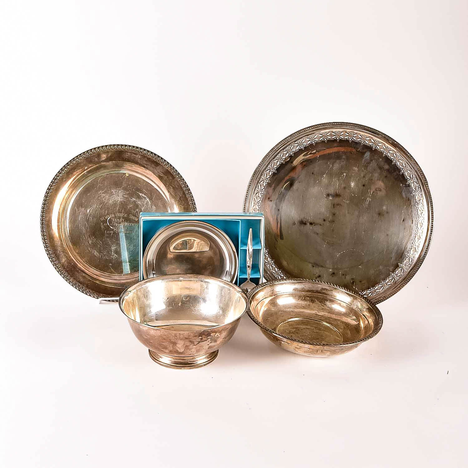 Collection of Silver-Plated Serving Dishes, Trophies and Trays