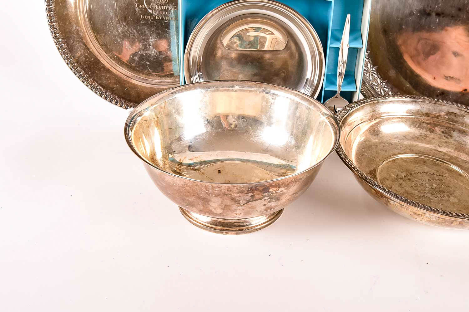 Collection of Silver-Plated Serving Dishes, Trophies and Trays