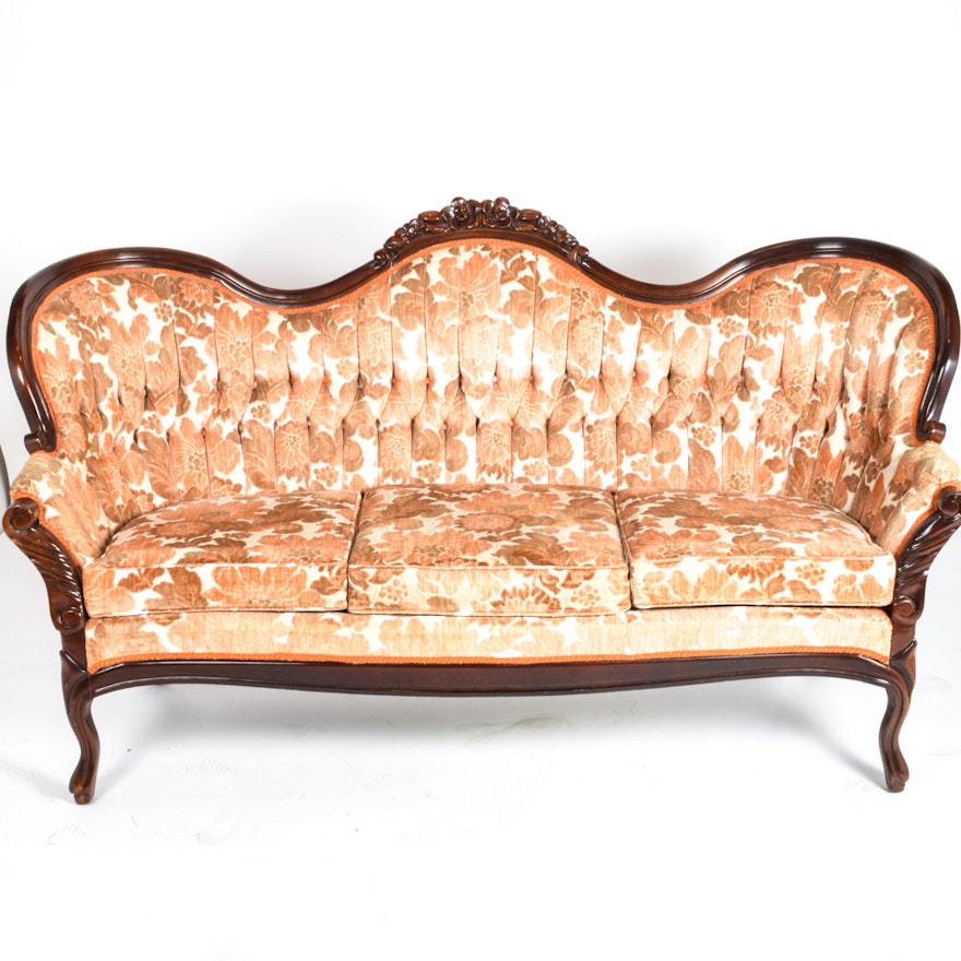 Mahogany and Velvet Victorian Style Couch by Kimball Furniture