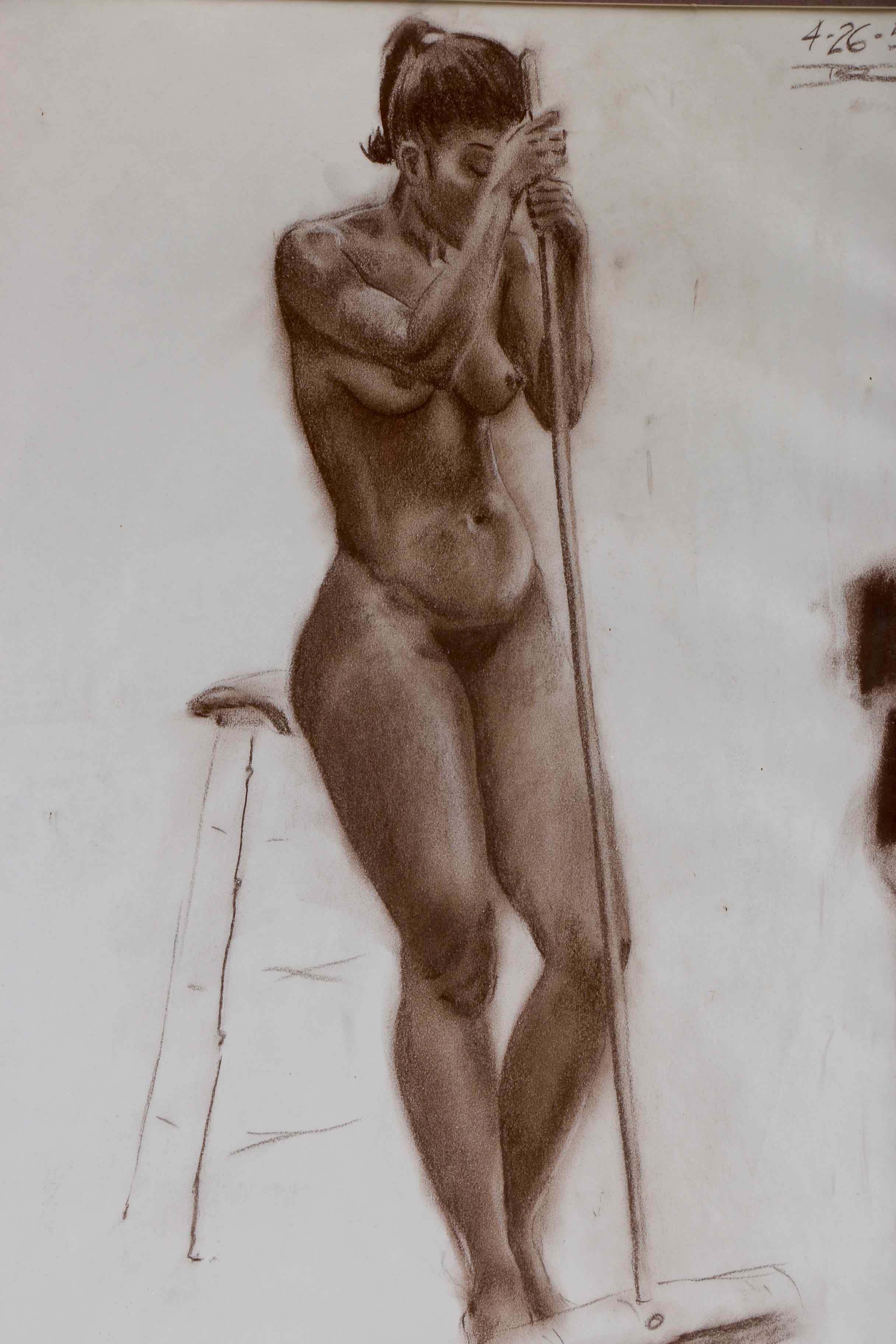 Original Drawing of Nude Woman with Broom