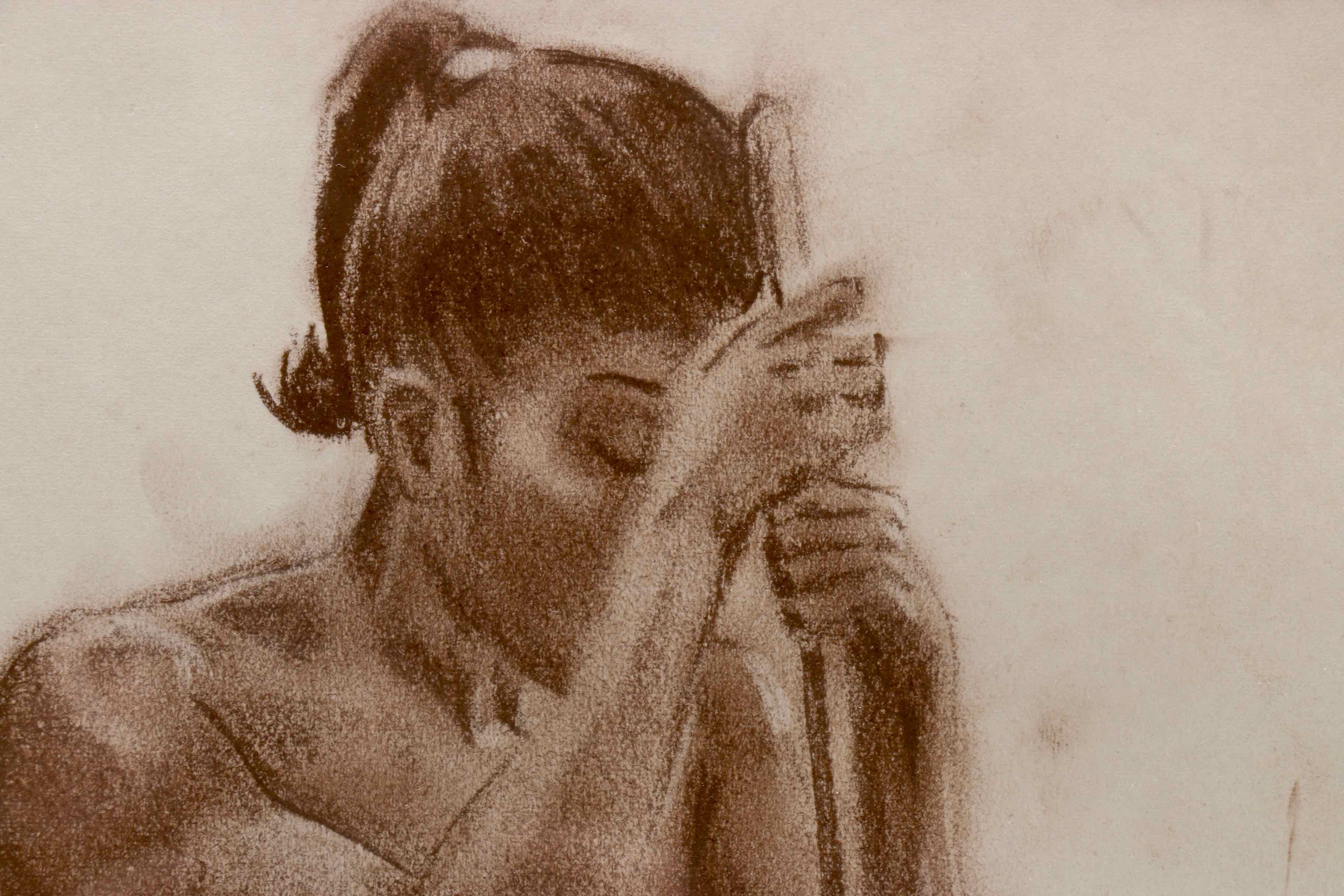 Original Drawing of Nude Woman with Broom