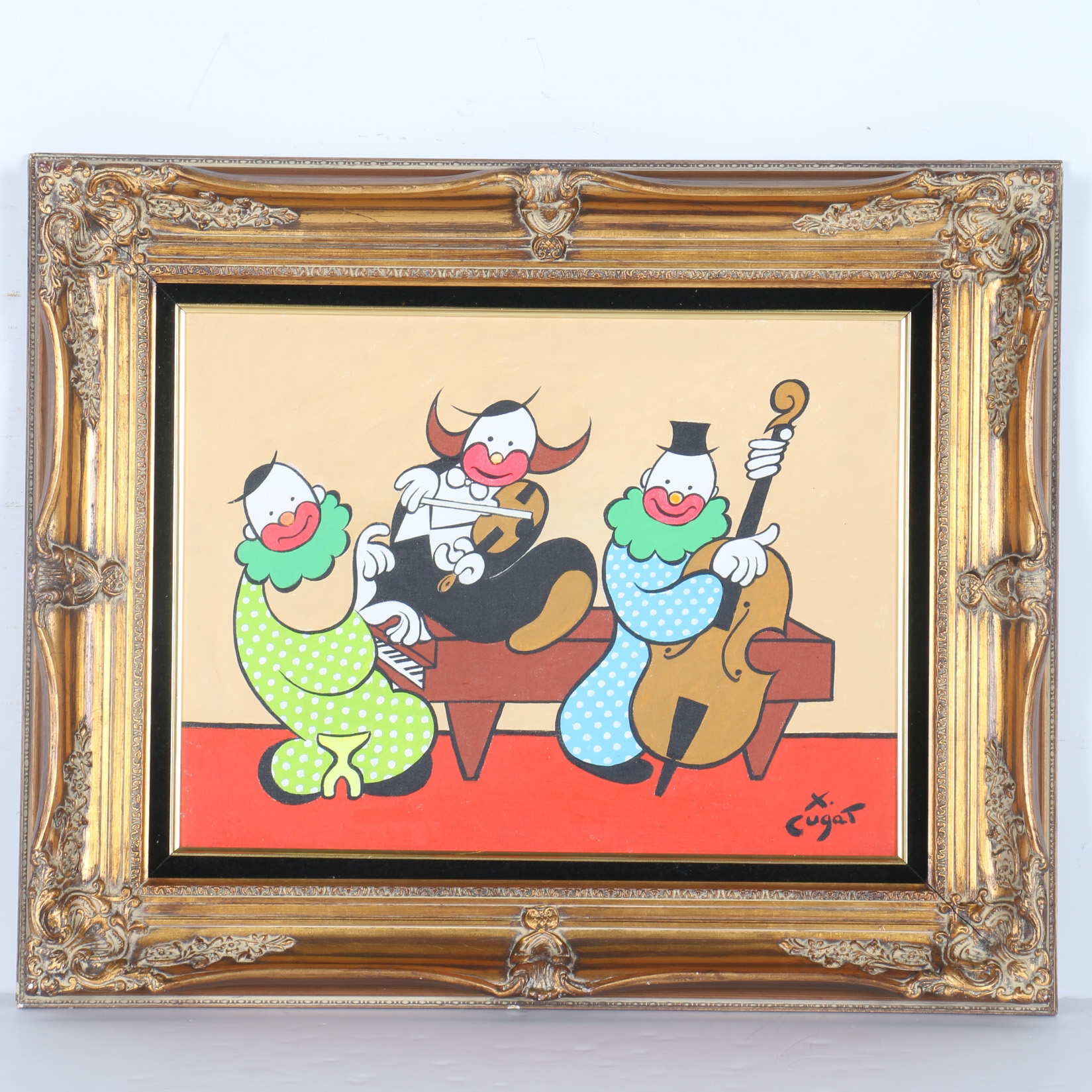 Xavier Cugat Signed Framed Oil Painting of Clowns
