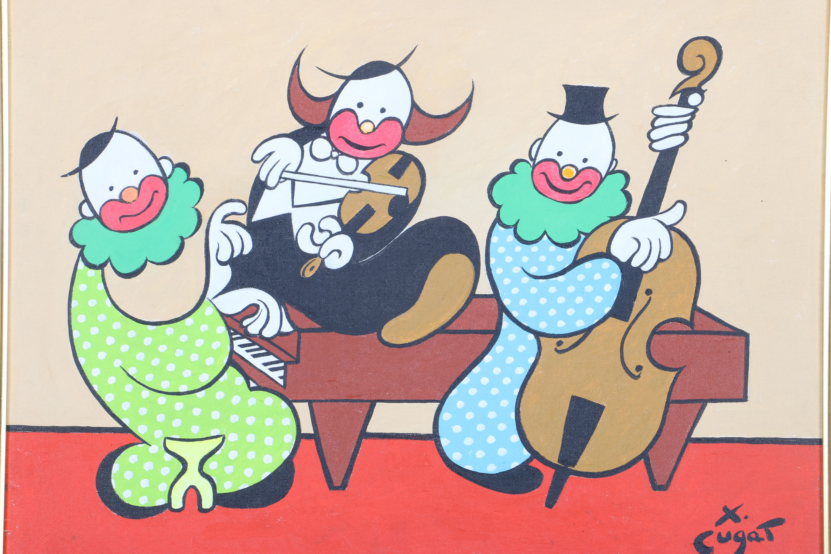 Xavier Cugat Signed Framed Oil Painting of Clowns