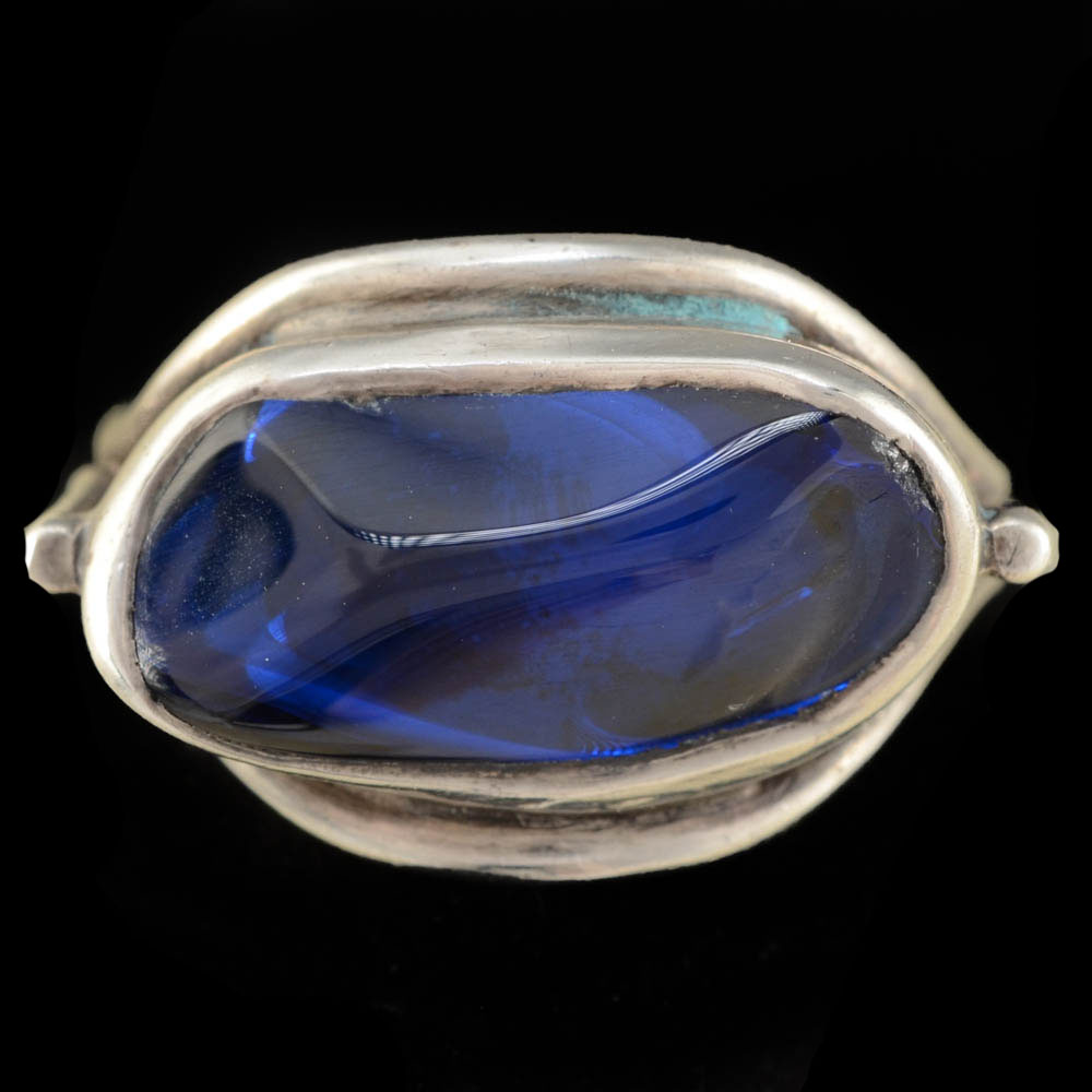 Handmade Vintage Modern H. Fred Skaggs Signed Sterling Silver Ring with Blue Glass