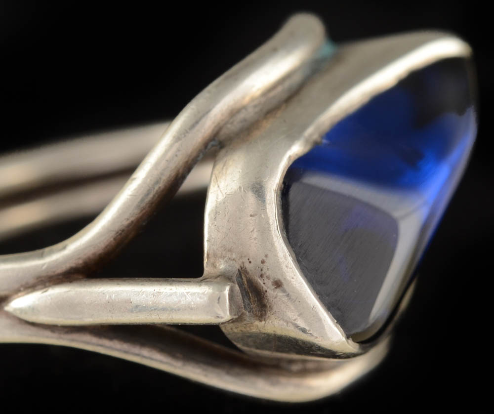 Handmade Vintage Modern H. Fred Skaggs Signed Sterling Silver Ring with Blue Glass