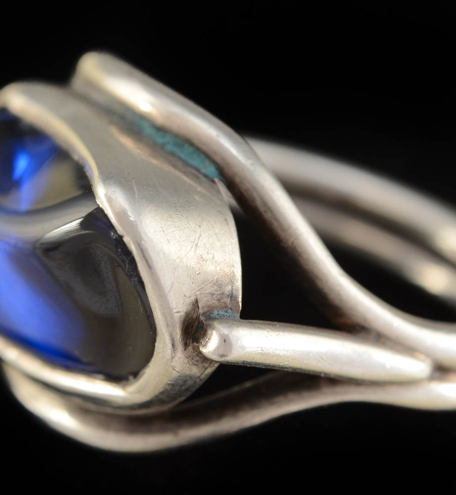 Handmade Vintage Modern H. Fred Skaggs Signed Sterling Silver Ring with Blue Glass