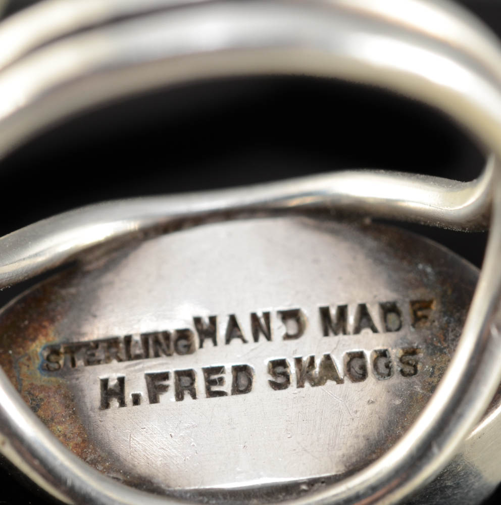 Handmade Vintage Modern H. Fred Skaggs Signed Sterling Silver Ring with Blue Glass