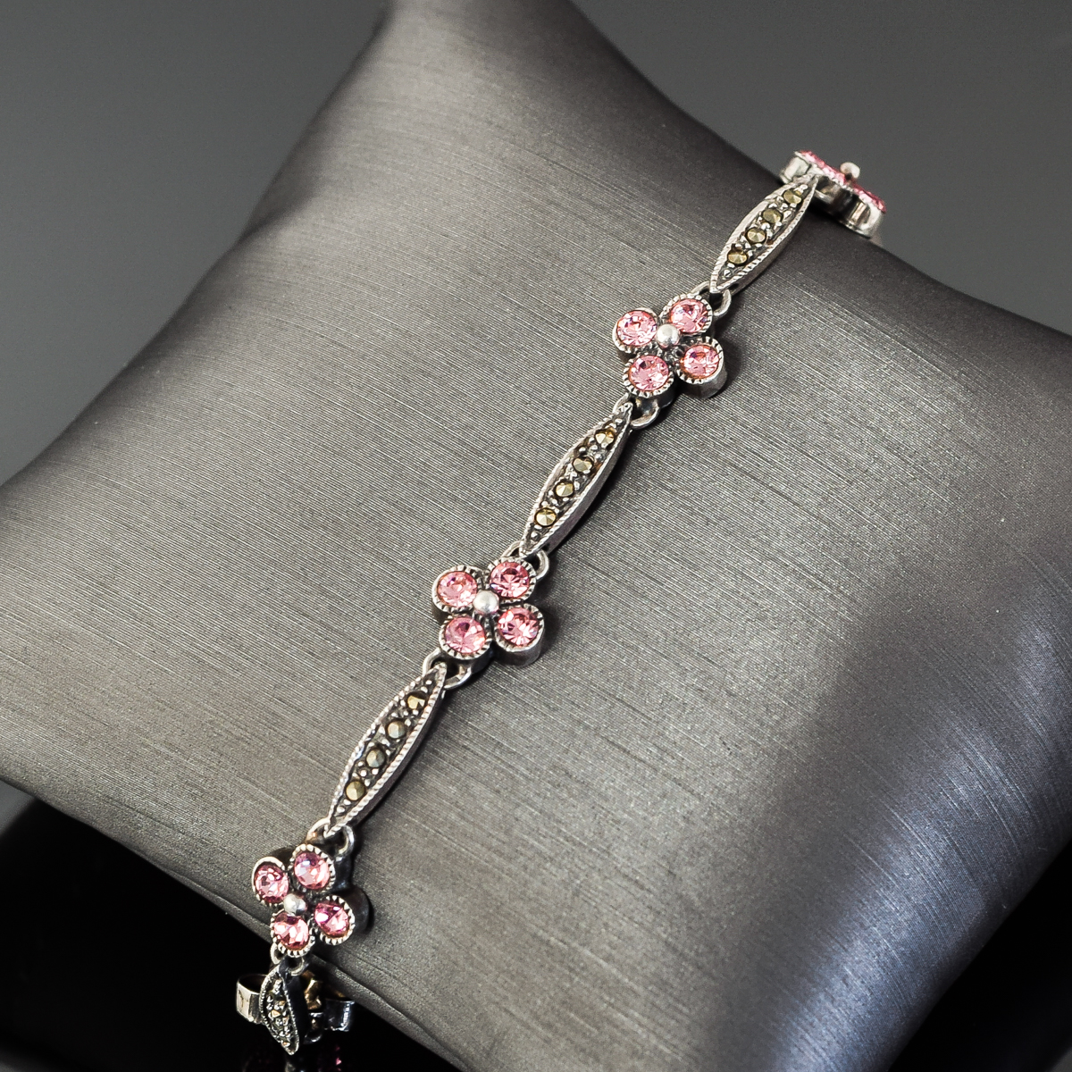 Sterling Silver, Marcasite, and Pink Stone Link Bracelet