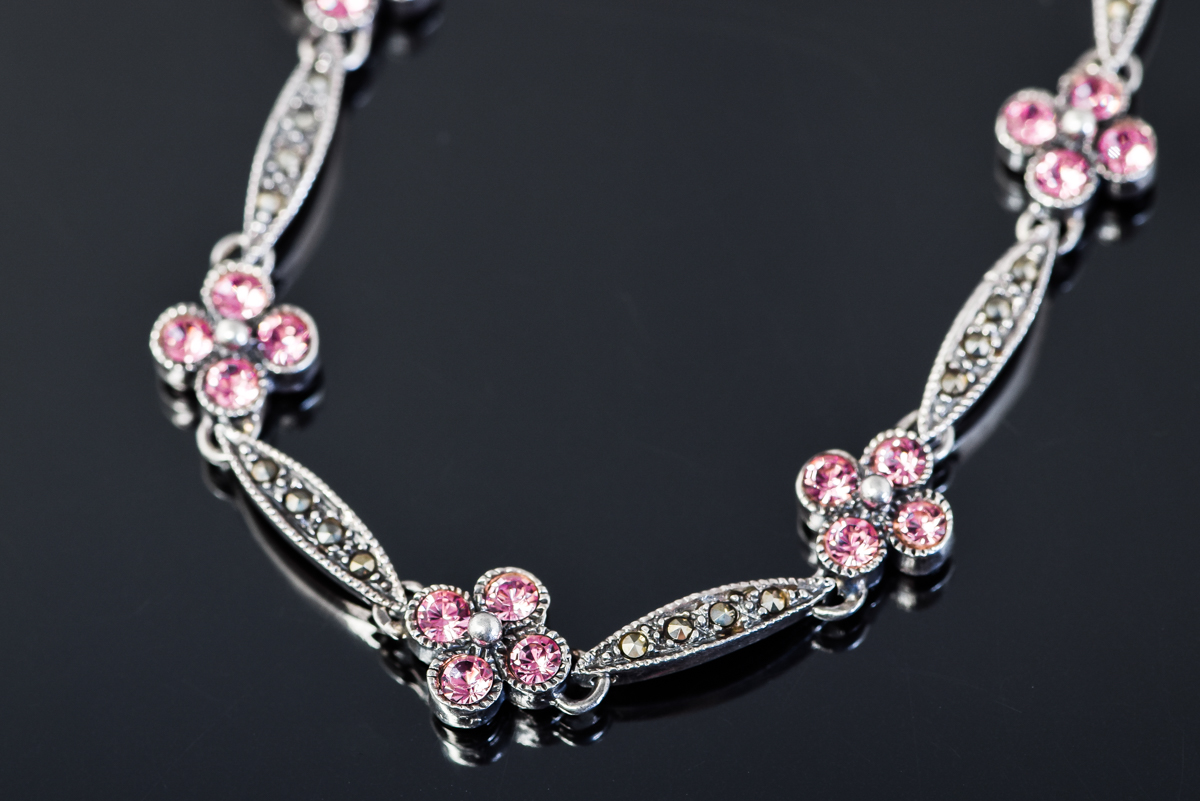 Sterling Silver, Marcasite, and Pink Stone Link Bracelet