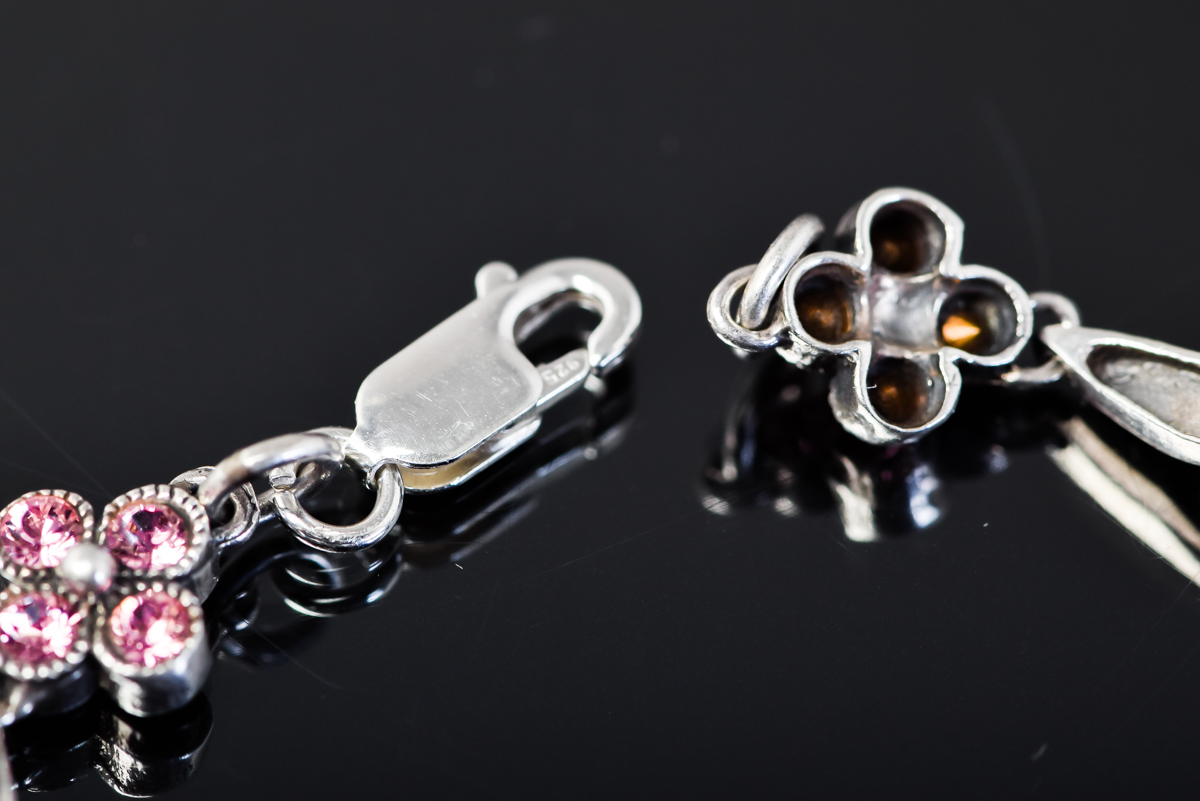 Sterling Silver, Marcasite, and Pink Stone Link Bracelet