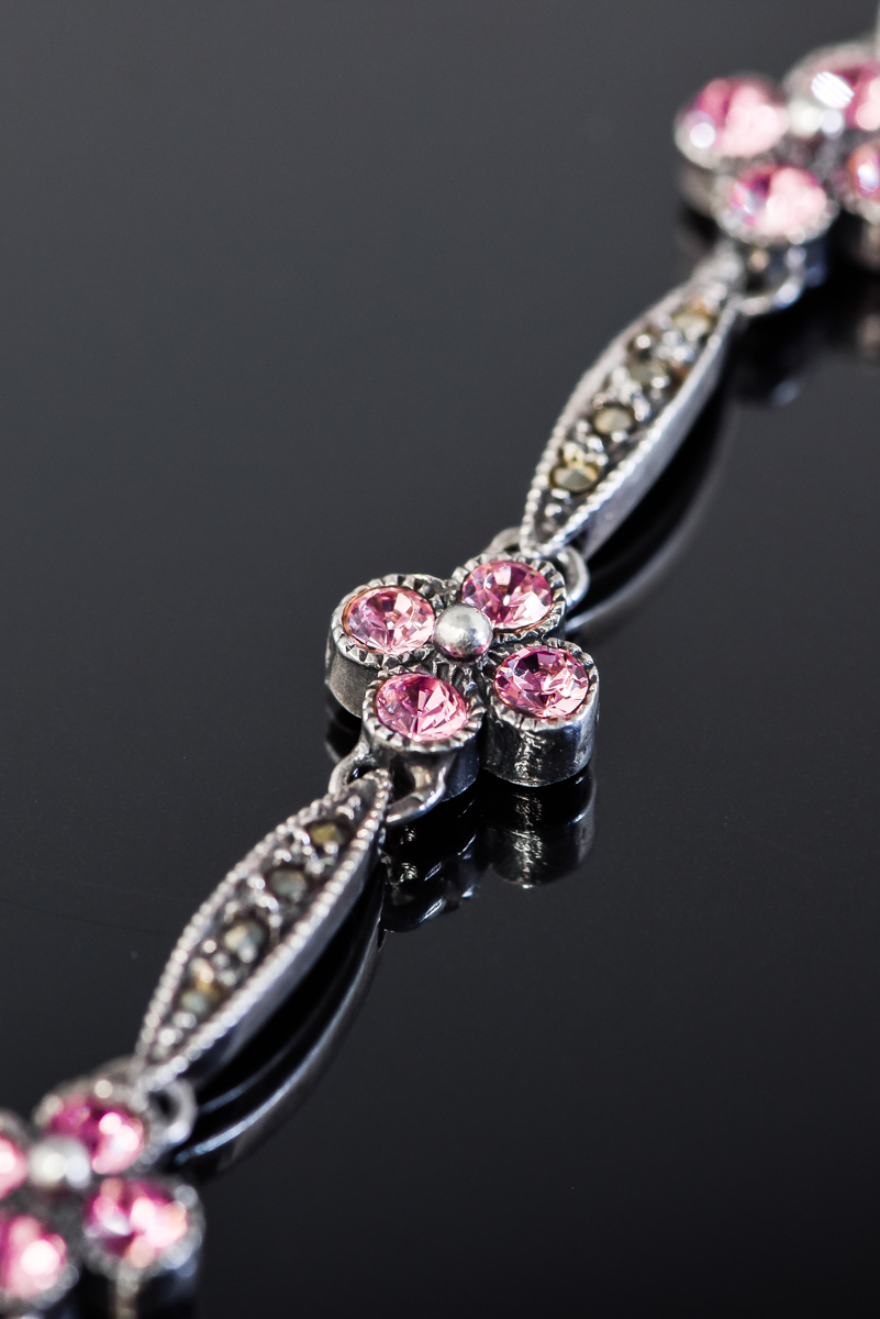 Sterling Silver, Marcasite, and Pink Stone Link Bracelet