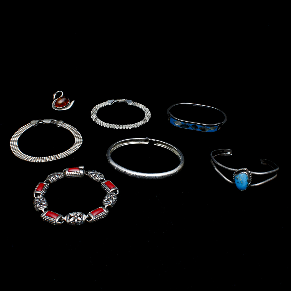Collection of Turquoise and Coral Sterling Silver Bracelets