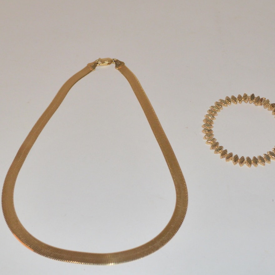 14K Yellow Gold Herringbone Necklace and Bracelet