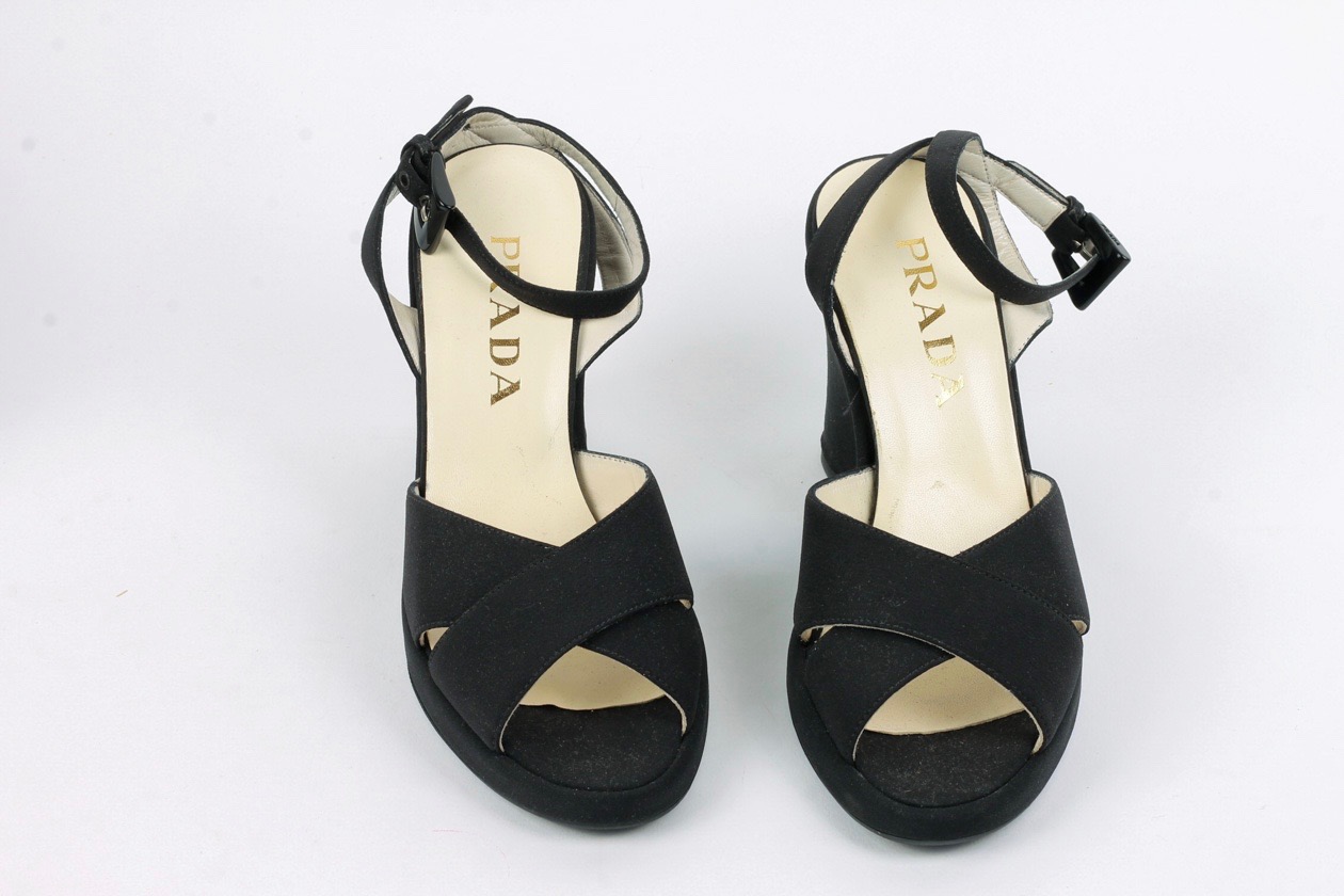 Prada Black Open Toe Platform Wedges