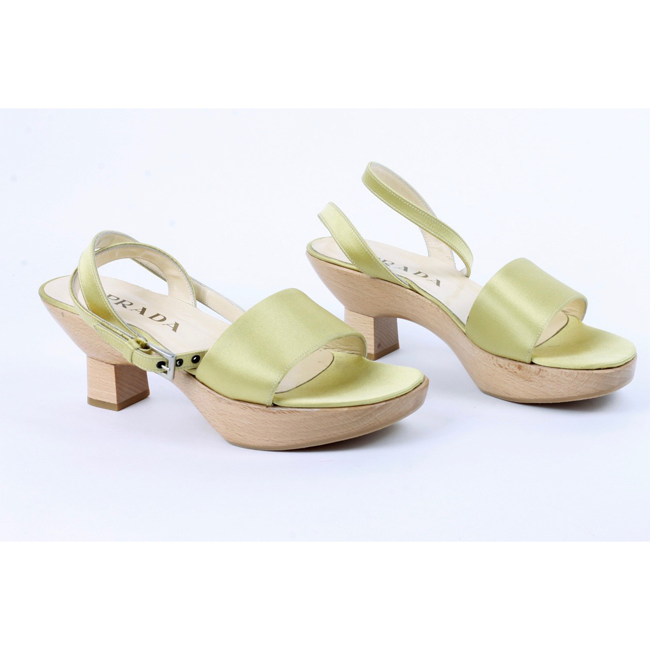 Prada Gold Satin and Wood Heeled Sandals