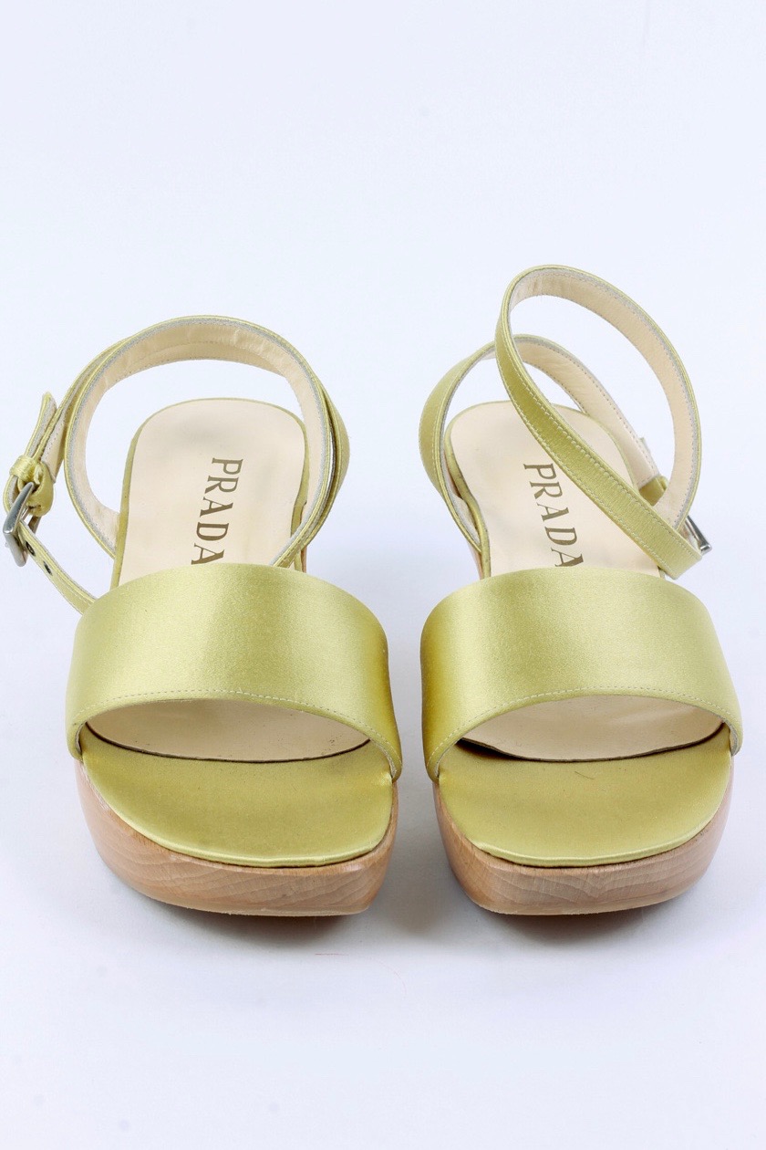 Prada Gold Satin and Wood Heeled Sandals
