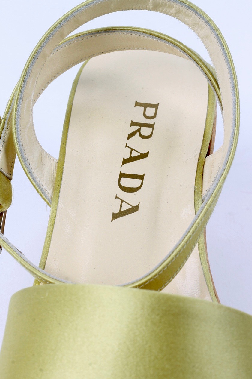 Prada Gold Satin and Wood Heeled Sandals
