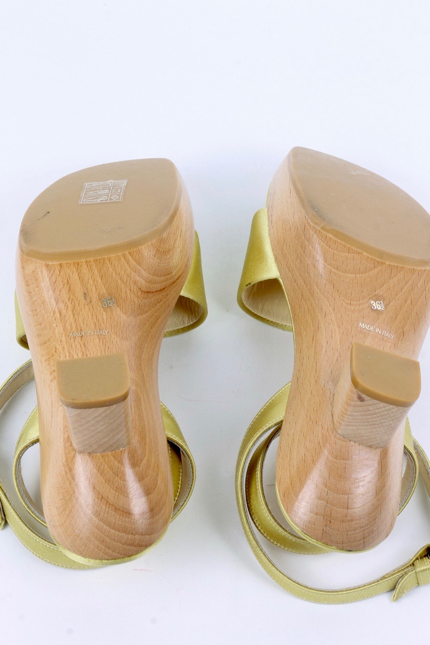 Prada Gold Satin and Wood Heeled Sandals