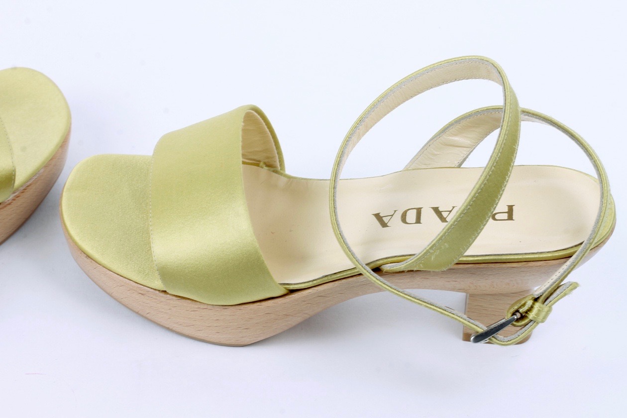 Prada Gold Satin and Wood Heeled Sandals