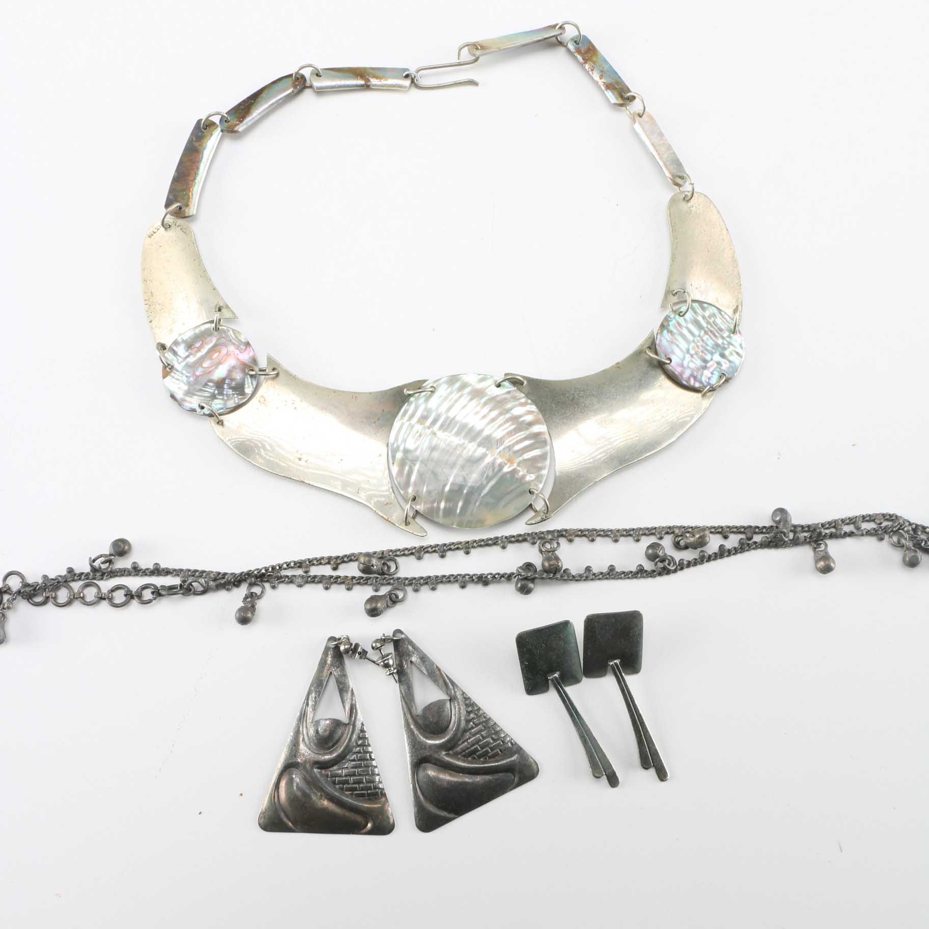 Silver Tone and Abalone Modern Art Jewelry
