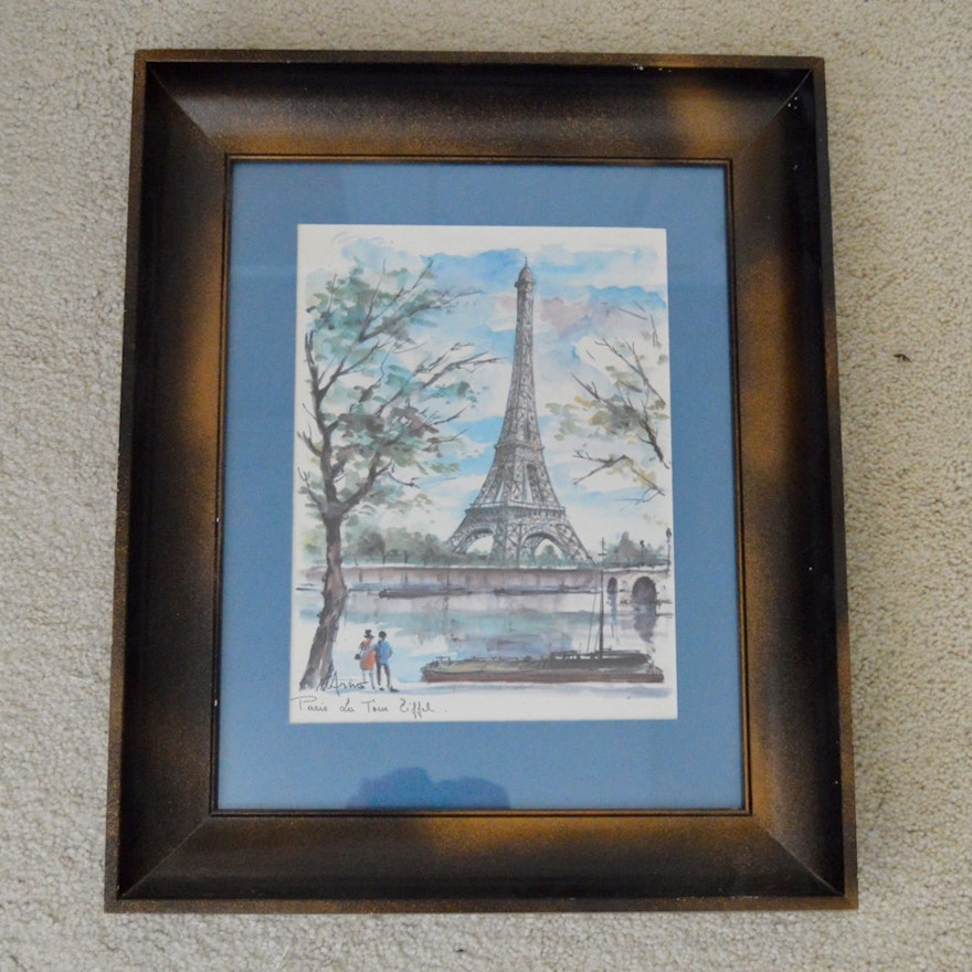 Vintage Print of Arno Watercolor Print "Paris La Tour Eiffel"
