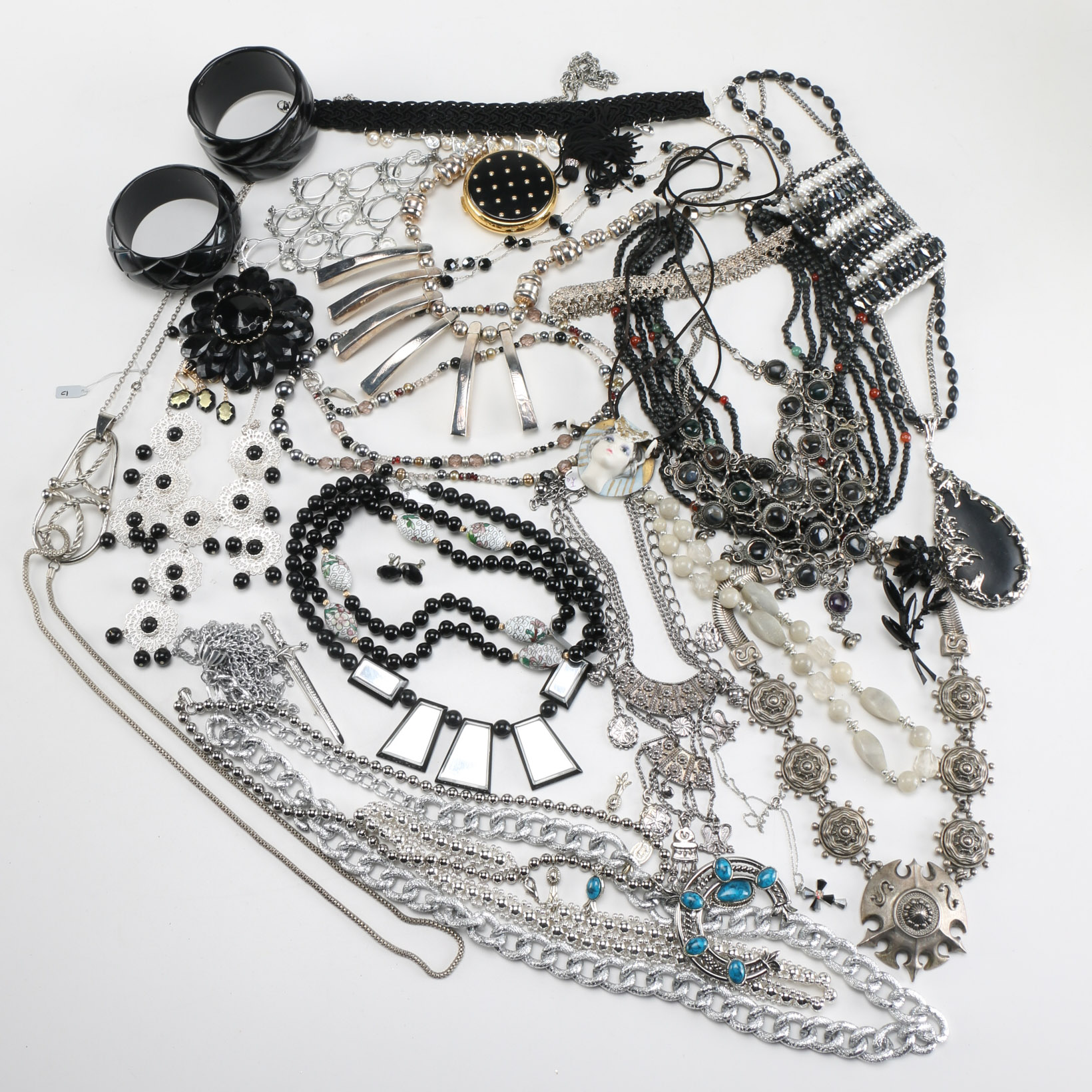 Collection of Black and Silver Tone Costume Jewelry