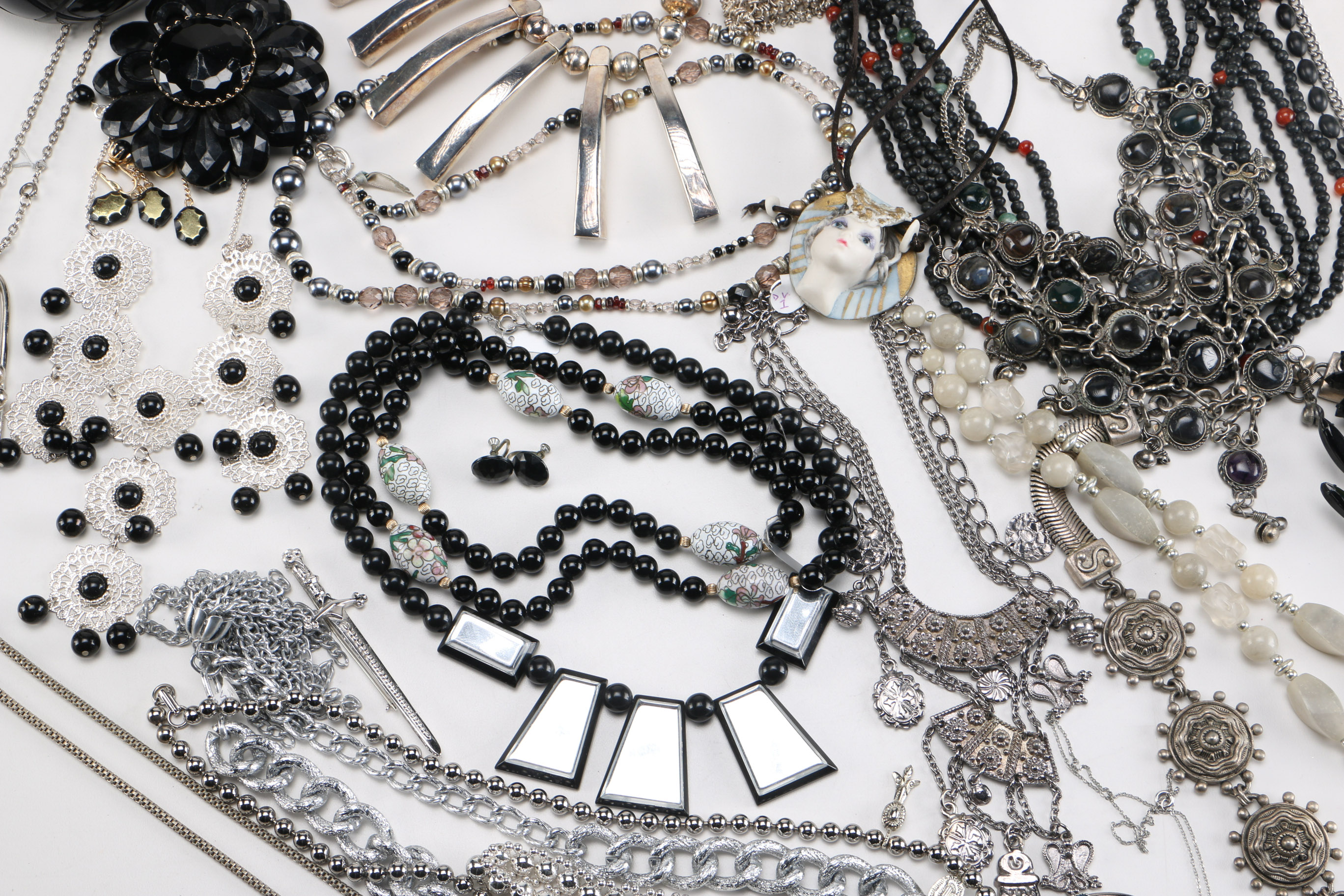 Collection of Black and Silver Tone Costume Jewelry