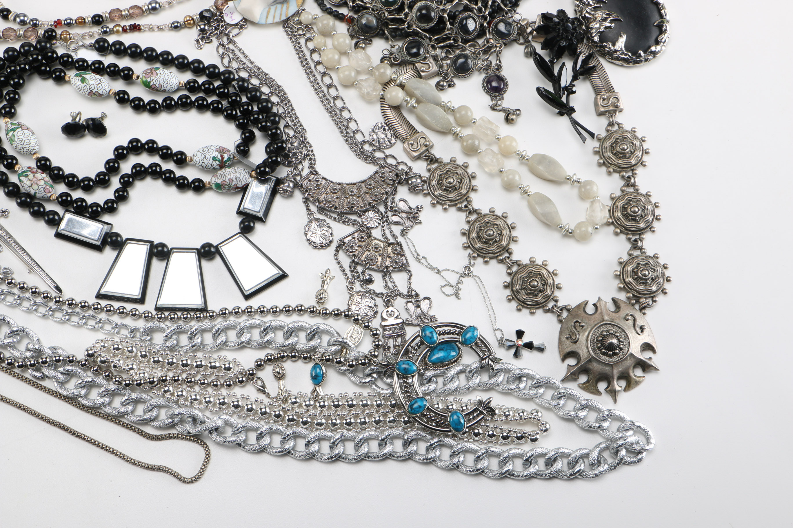 Collection of Black and Silver Tone Costume Jewelry