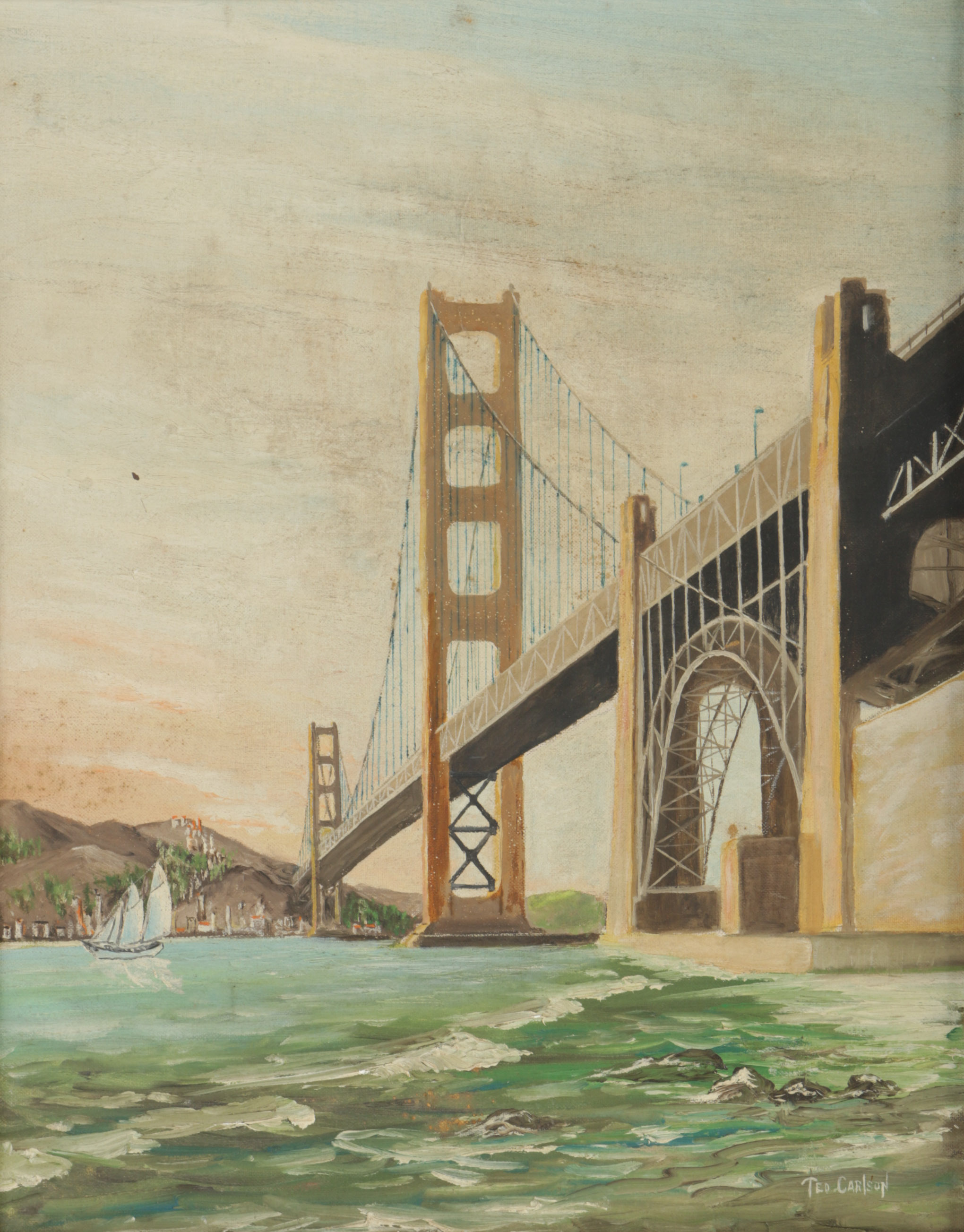 Ted Carlson Acrylic Painting on Canvas Board "Golden Gate Bridge"