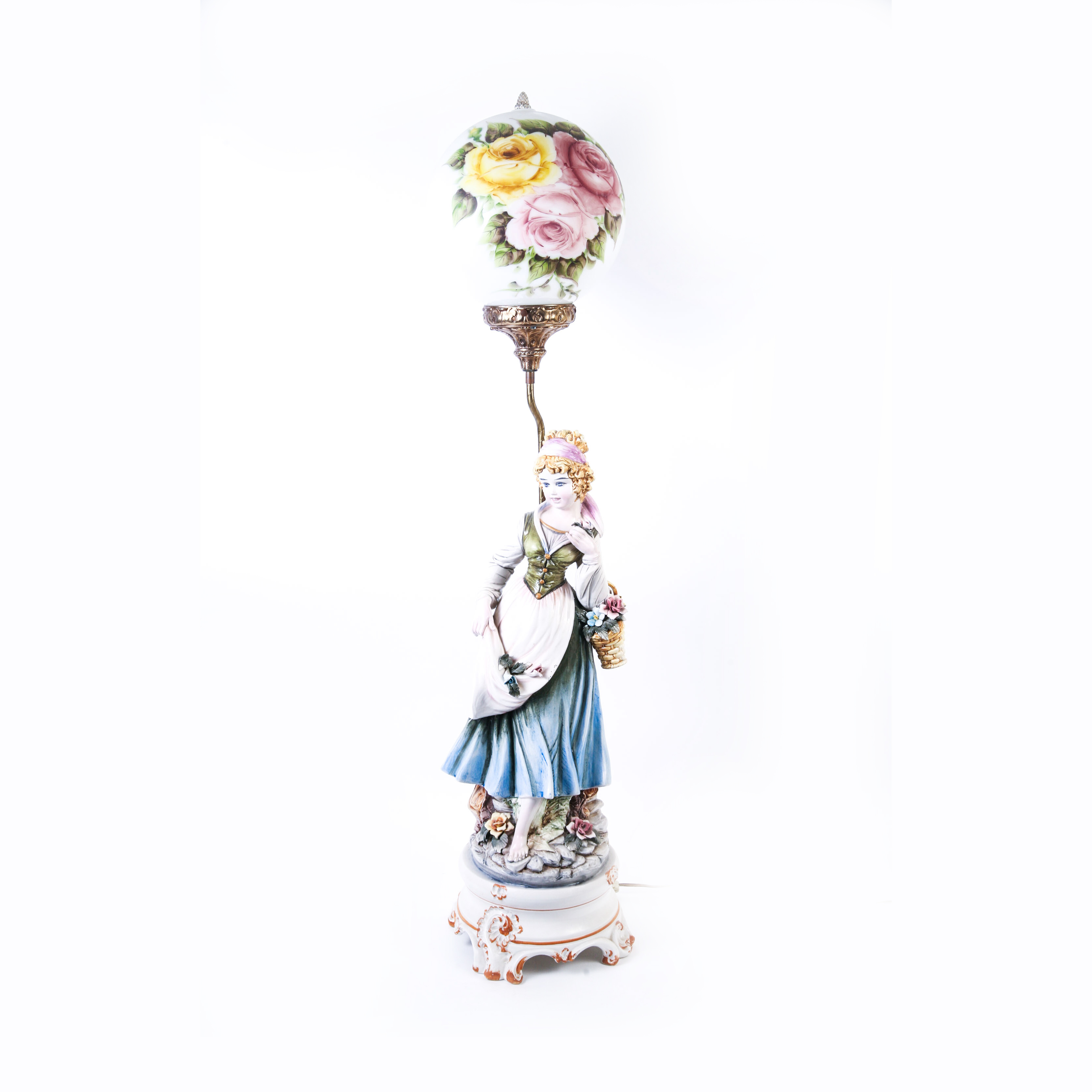 Handpainted Porcelain Figurine Lamp with Floral Globe