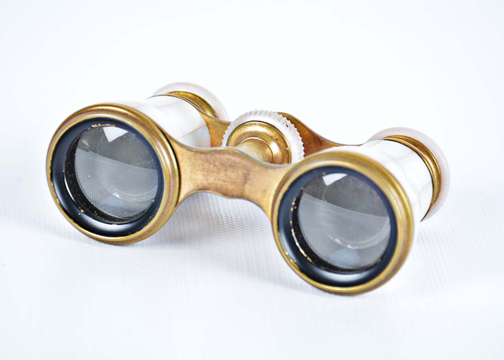 Pairing of Vintage Amiens Lunetiers Brass and Mother of Pearl Opera Glasses with Fan