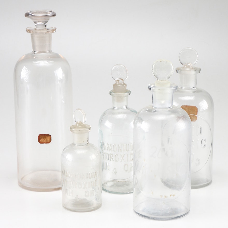 Five Vintage Apothecary  Bottles with Glass Stoppers