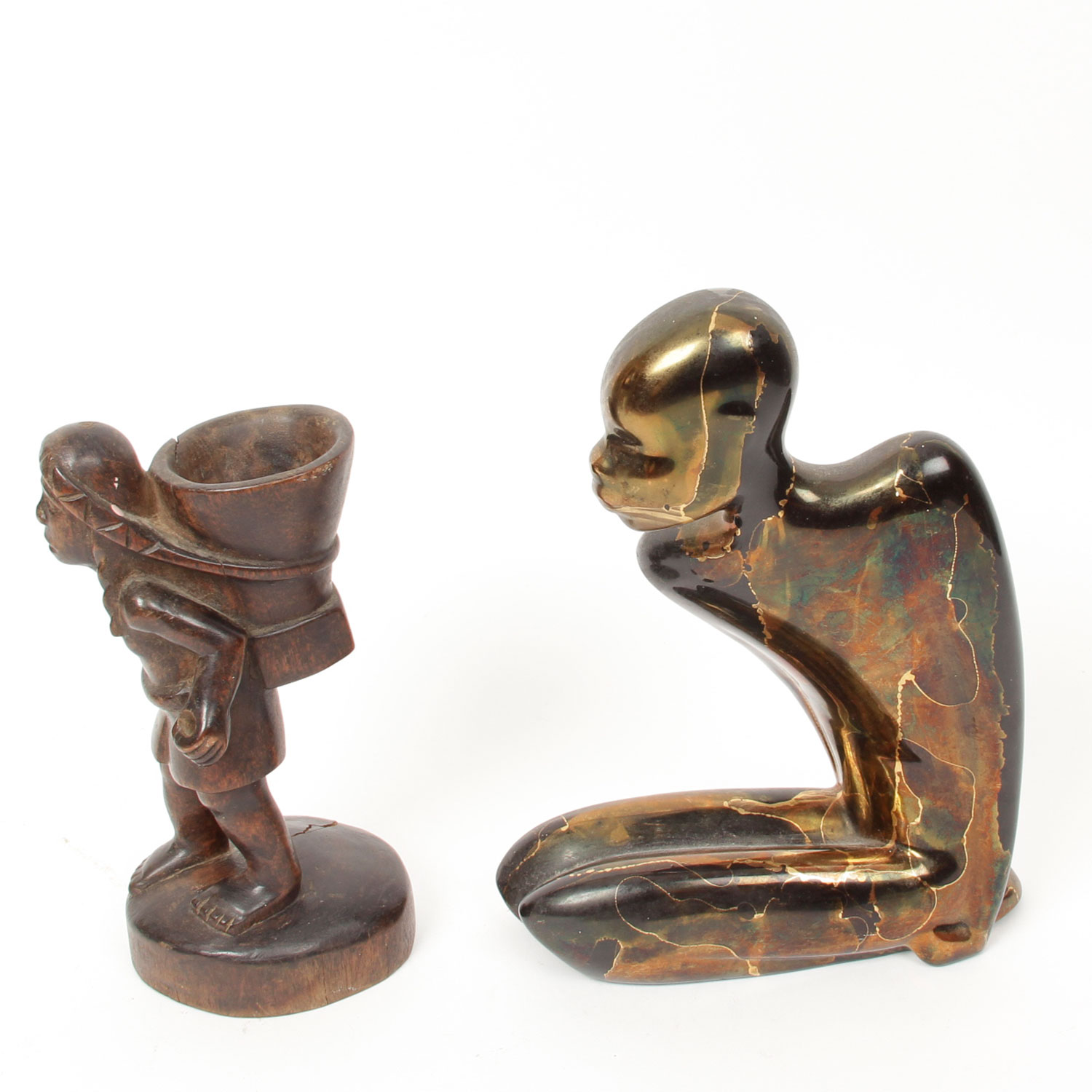 Carved Native American Figurine and Modern Statue