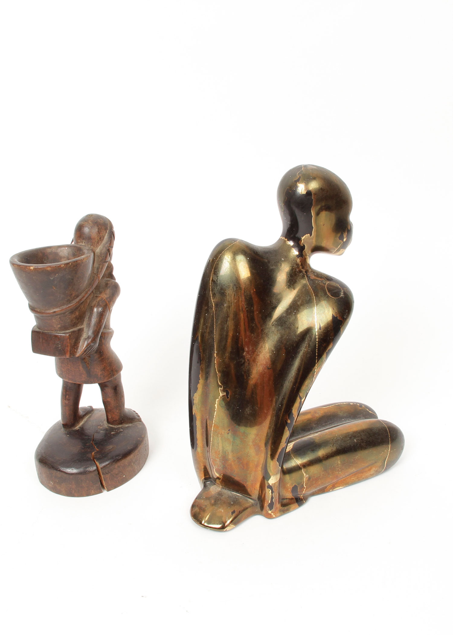 Carved Native American Figurine and Modern Statue