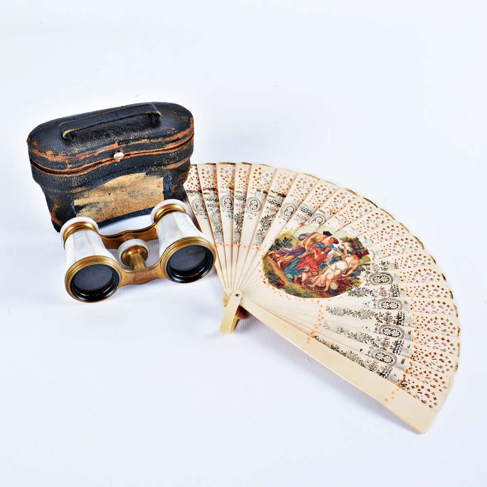 Pairing of Vintage Amiens Lunetiers Brass and Mother of Pearl Opera Glasses with Fan