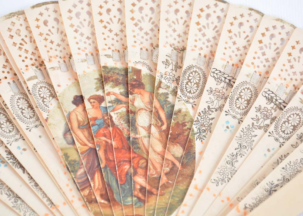 Pairing of Vintage Amiens Lunetiers Brass and Mother of Pearl Opera Glasses with Fan