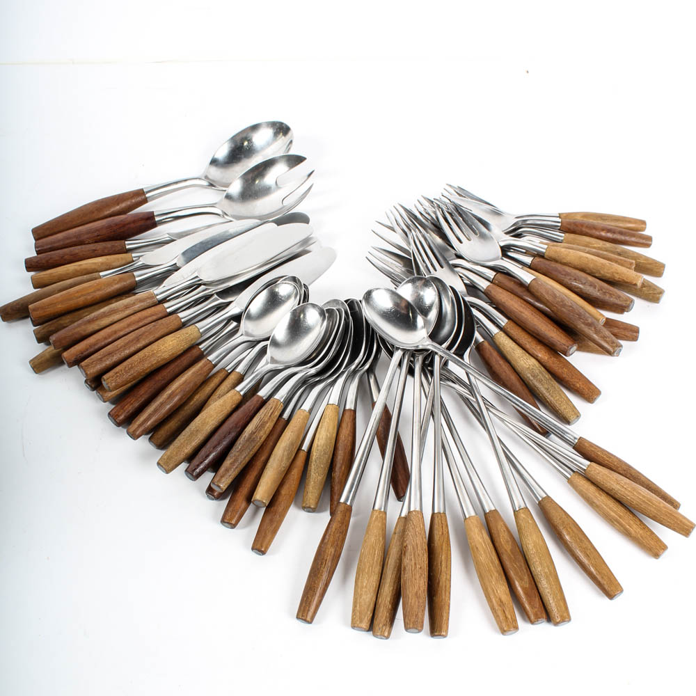 Set of Dansk Designs Fjord Steel and Teak Flatware