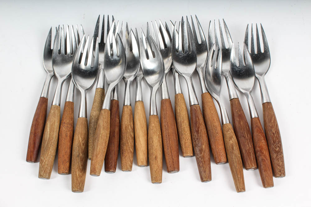 Set of Dansk Designs Fjord Steel and Teak Flatware