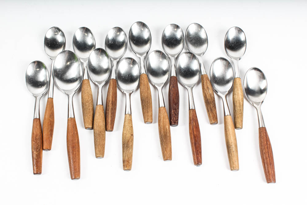 Set of Dansk Designs Fjord Steel and Teak Flatware