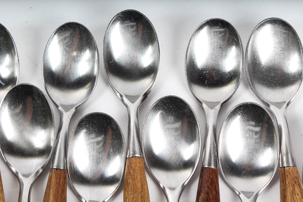 Set of Dansk Designs Fjord Steel and Teak Flatware