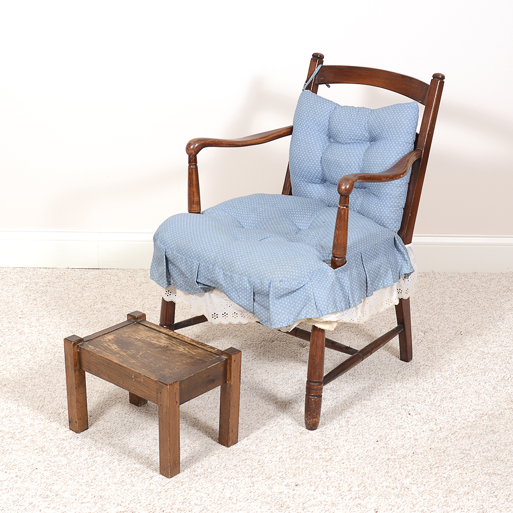 Mid-Century Wood Chair with Wood Stool