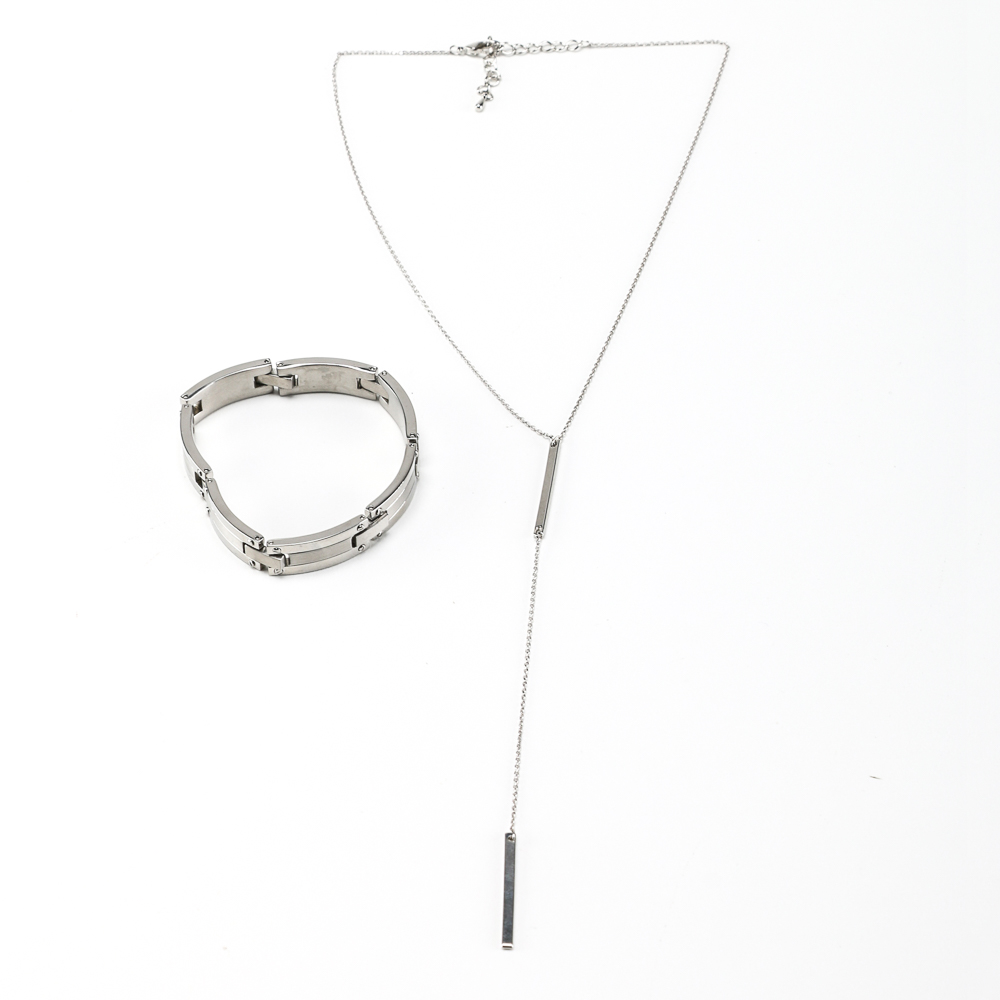 Stainless Steel Link Bracelet and Silver Tone Necklace