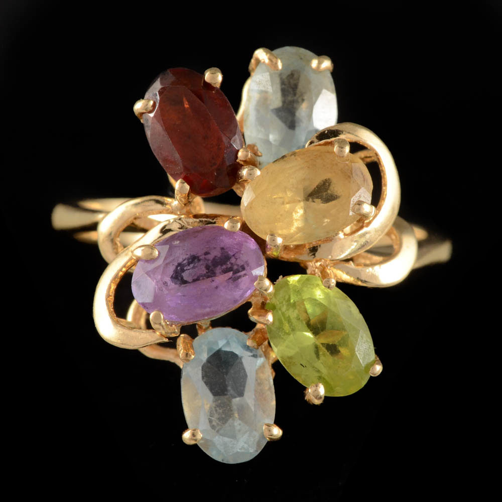 14K Yellow Gold Blue Topaz and Mixed Gemstone Ring