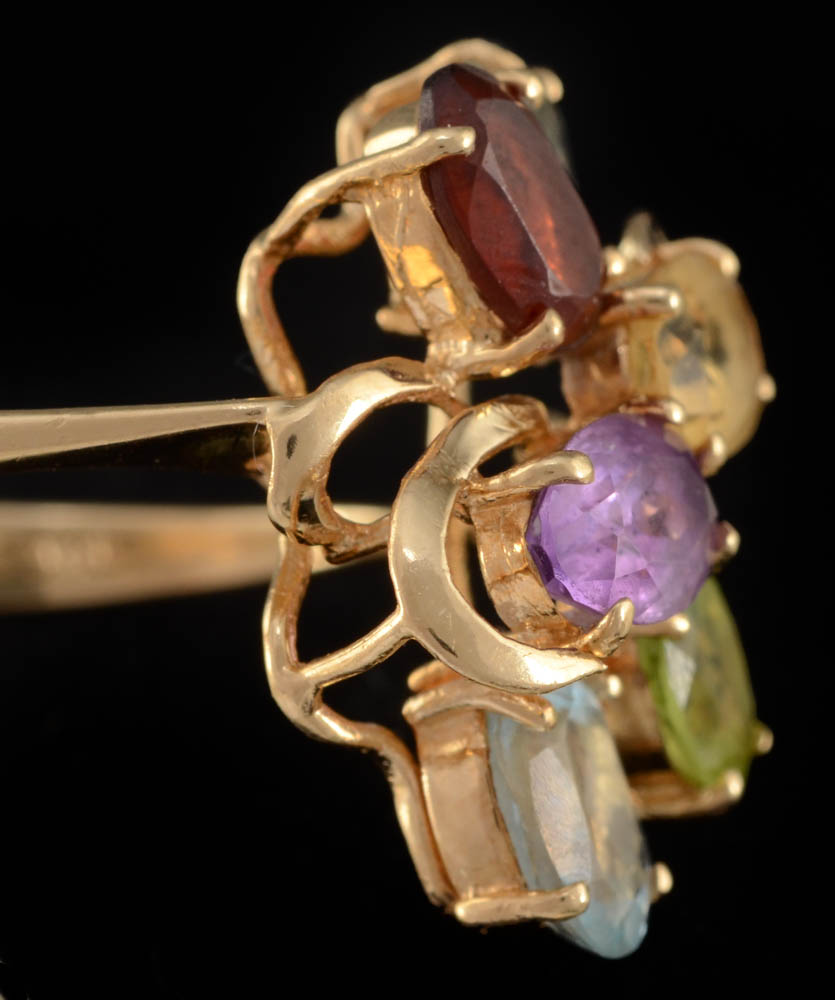 14K Yellow Gold Blue Topaz and Mixed Gemstone Ring