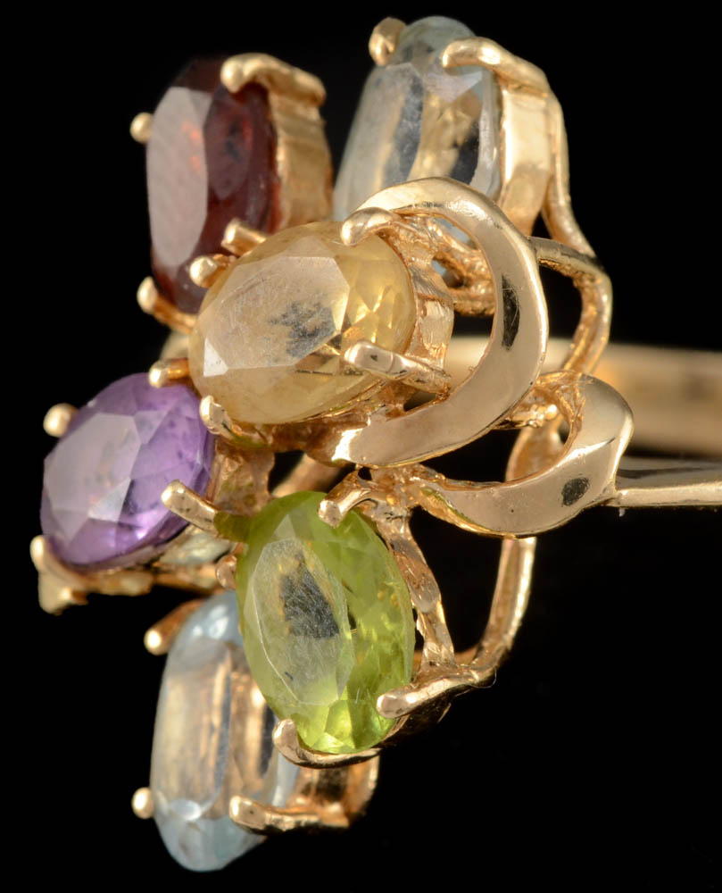 14K Yellow Gold Blue Topaz and Mixed Gemstone Ring