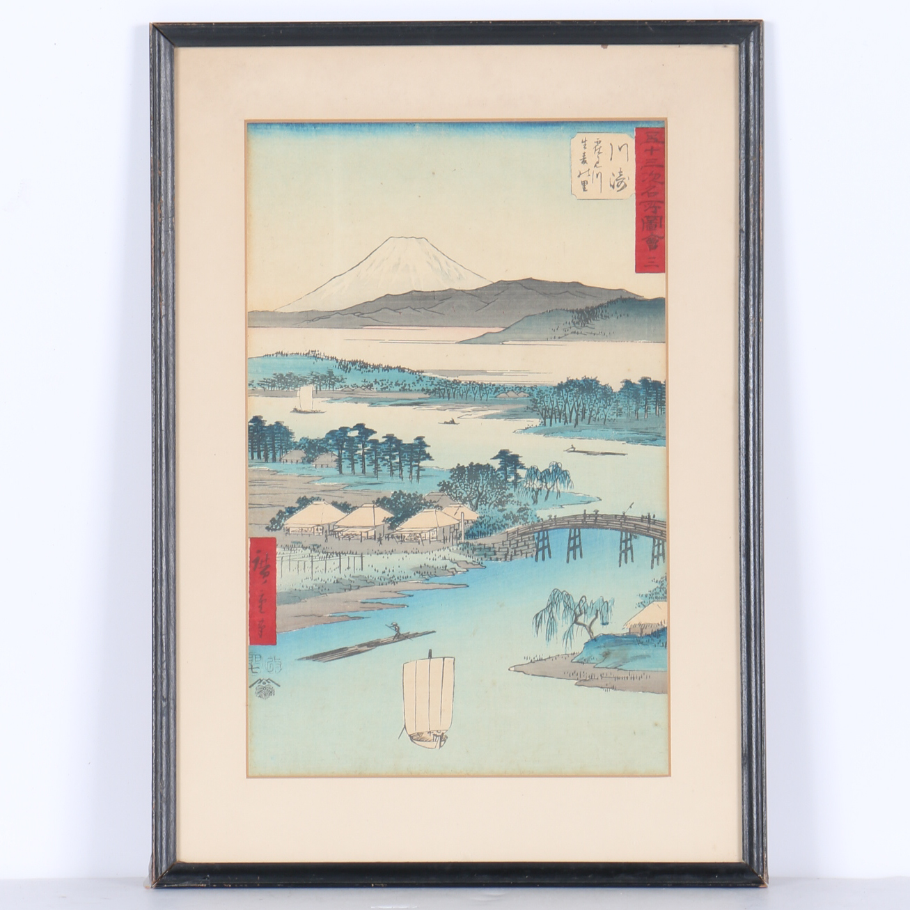 Utagawa Hiroshige Woodblock Print on Paper "No. 3, Kawasaki: Tsurumi River and Namamugi Village"
