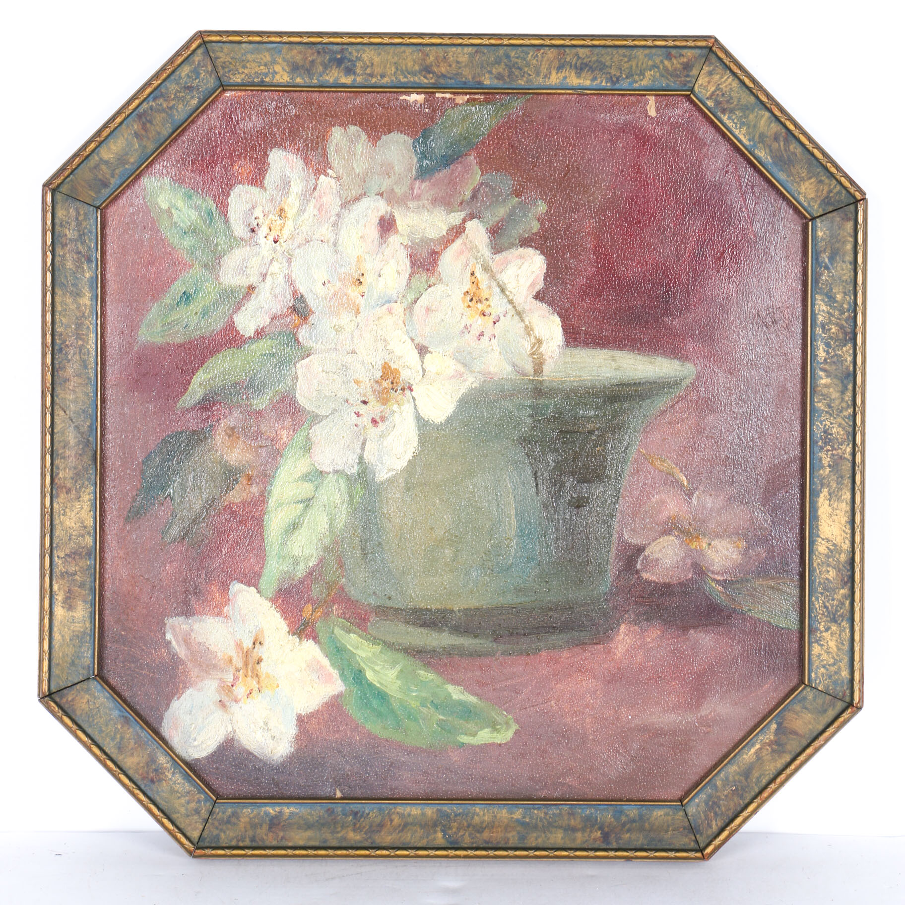 Oil Painting on Board Octagonal Floral Still Life