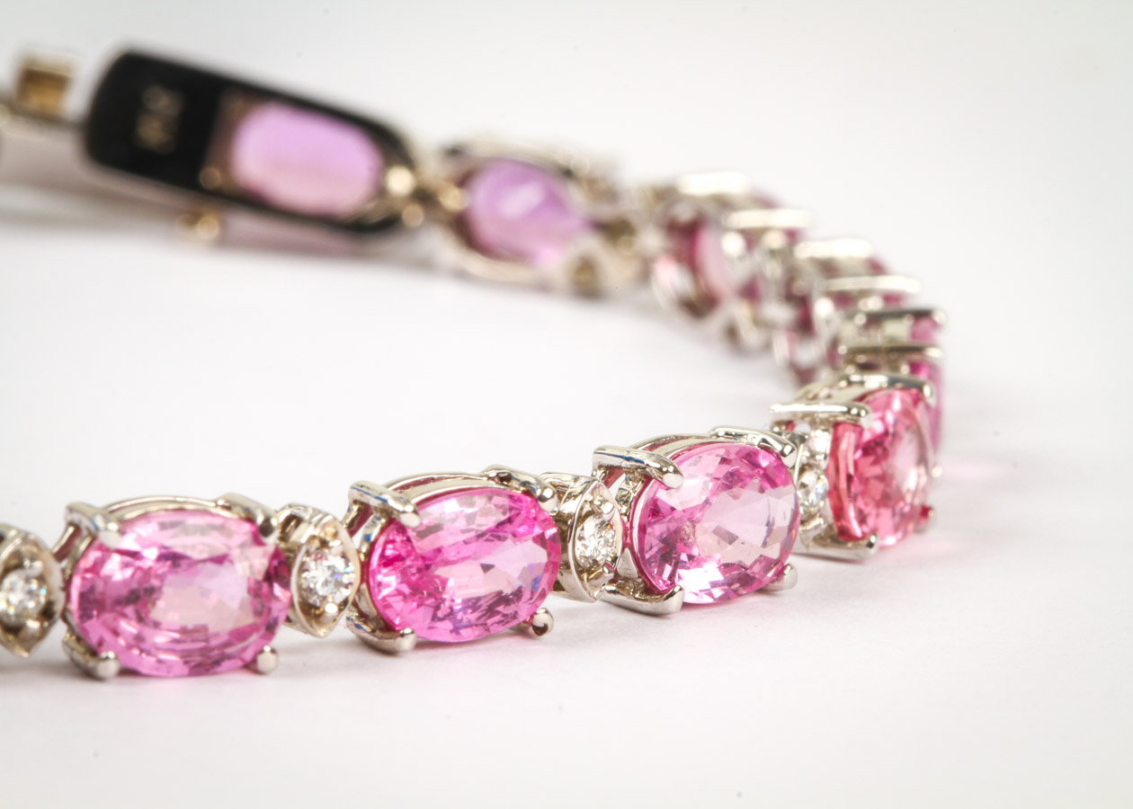 14K White Gold, Pink Sapphire, and Diamond Tennis Bracelet