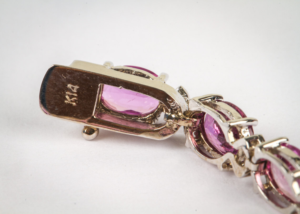 14K White Gold, Pink Sapphire, and Diamond Tennis Bracelet
