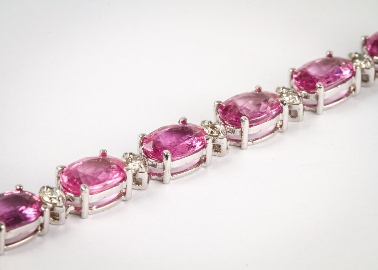 14K White Gold, Pink Sapphire, and Diamond Tennis Bracelet